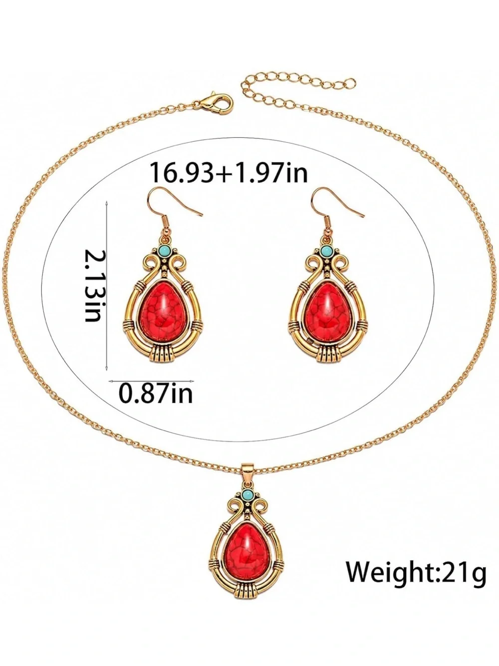 Anthropologie Gold-Tone Necklace and Earrings with Red and Turquoise Stones